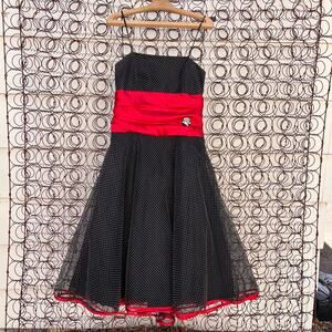 Vintage 90s red black white polkadot strapless punk goth prom dress LARGE